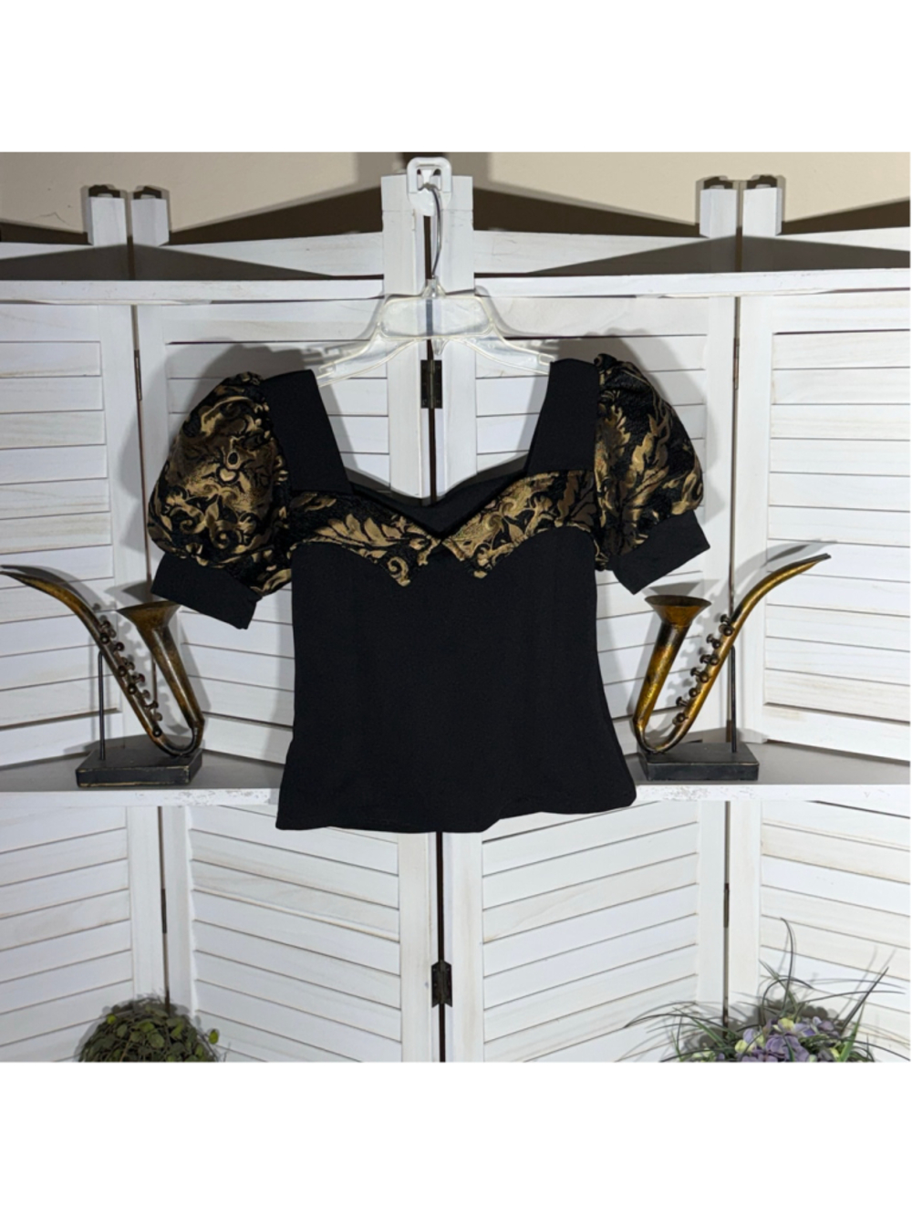 Vintage Y2K black gold brocade top puffed cocktail elegant whimsigoth glam M